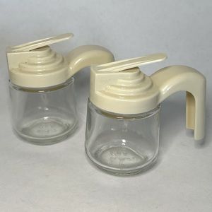 Set Of 2 Vintage Gemco Glass Syrup Dispenser Flip Top Off White Plastic‎ Lid